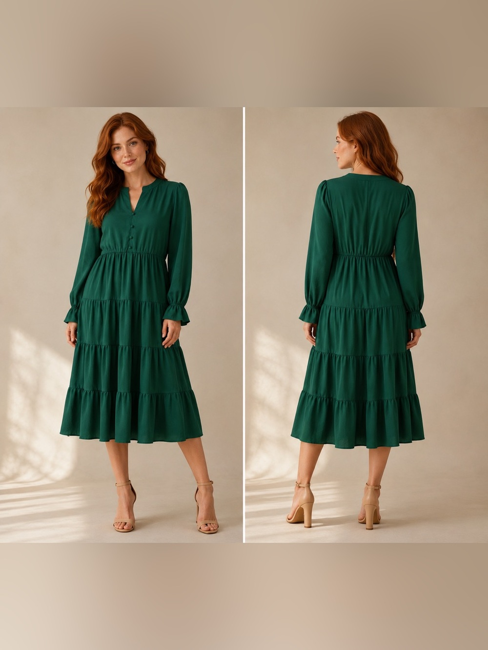 Size XL PRETTYGARDEN Long Sleeve V Neck Tiered A Line Flowy Midi Dress